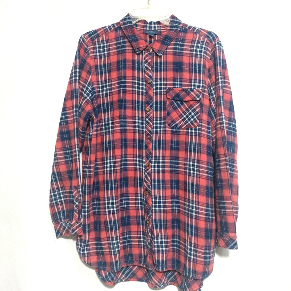 J Jill Womens Large Denim Tunic Shirt Plaid Front Pocket Button Up Long Sleeve